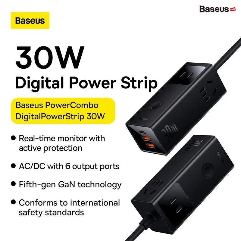 Baseus 30w PowerCombo Digital PowerStrip 3AC+2U+1C With 1.5m Power Cord (CN Plug)