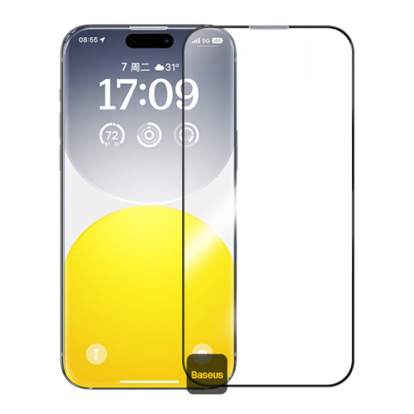 Baseus Sapphire Series Full-Coverage Tempered Glass Screen Protector (with Built-in Dust Filter) for iP 15 Series (Pack of 1, with cleaning kit and dust-proof installation tool)
