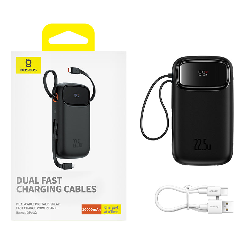Baseus Qpow2 Dual-Cable Digital Display Fast Charge Power Bank 20000mAh 22.5W (With: Simple charging cable  Type-C  3A 0.3m  Black)