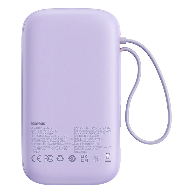 Baseus Qpow2 Dual-Cable Digital Display Fast Charge Power Bank 10000mAh 22.5W（With: Simple charging cable  Type-C  3A 0.3m )