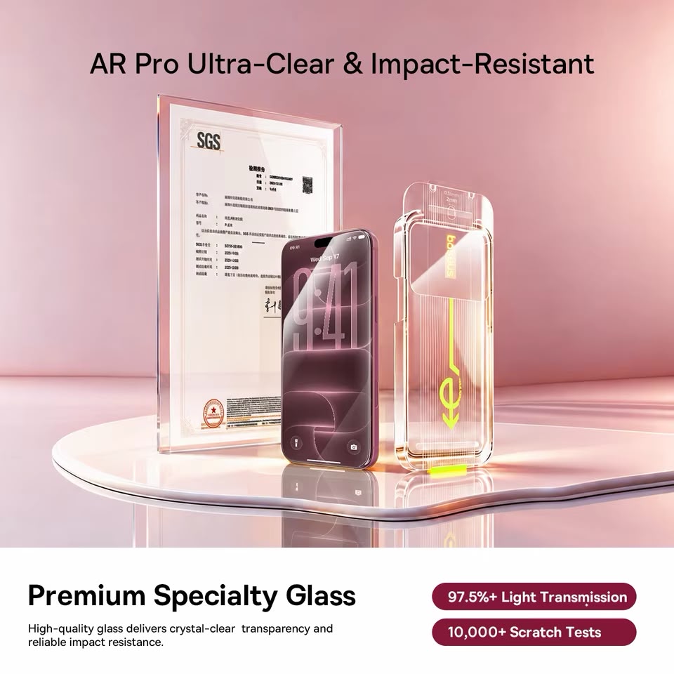 Baseus Crystalline Anti-Reflective Full-Coverage Tempered Glass Screen Protector for iPhone 18 Series (with Dustproof Installation Tray Clear Pack of 1 (Includes 1 Cleaning Kit)