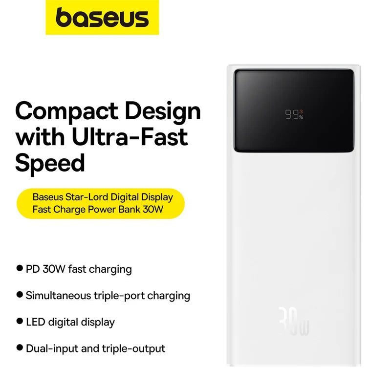 Baseus Star-Lord Digital Display Fast Charging Power Bank 30000mAh 30W (With Simple Series Charging Cable USB to Type-C 3A 0.3m Black）