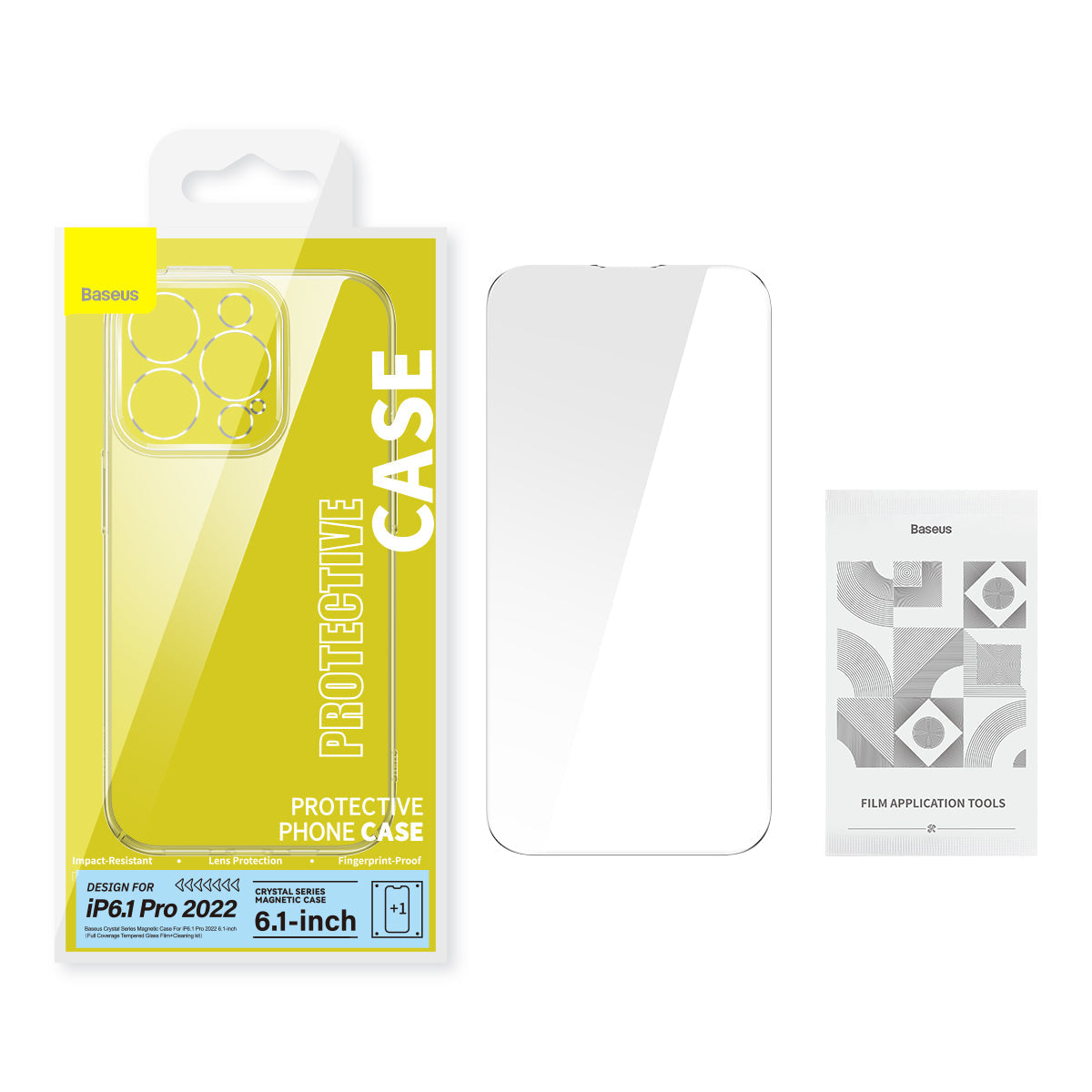 Baseus Crystal Series Magnetic Case for iP 14 Series (Pack of 1 with full coverage tempered glass screen protector and cleaning kit), Clear