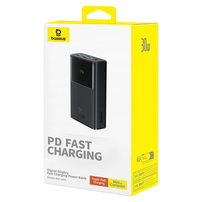 Baseus Star-Lord Digital Display Fast Charging Power Bank 10000mAh 30W Cluster Black（With Simple Series Charging Cable USB to Type-C 3A 0.3m Black）