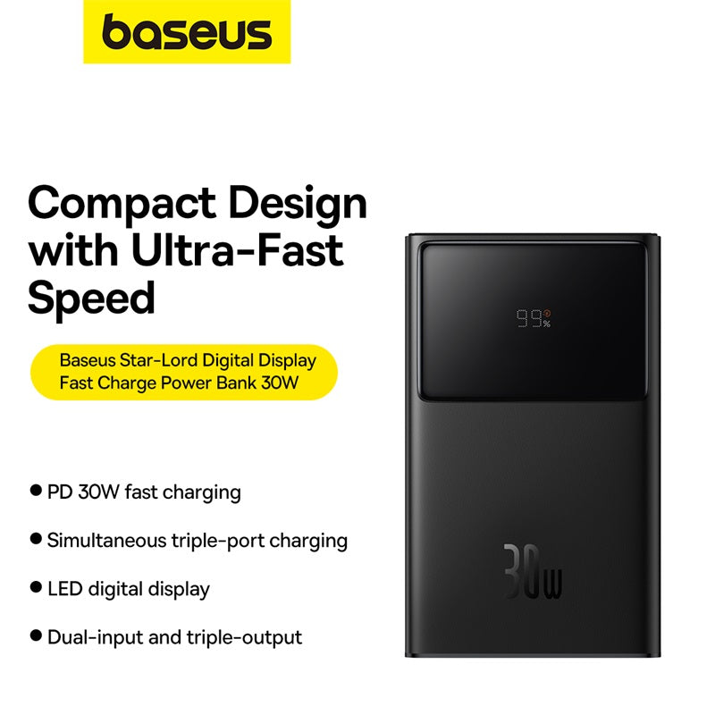 Baseus Star-Lord Digital Display Fast Charging Power Bank 10000mAh 30W Cluster Black（With Simple Series Charging Cable USB to Type-C 3A 0.3m Black）