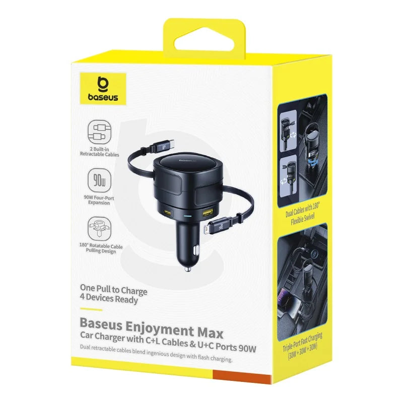 Baseus Enjoyment Max Car Charger C+L Cables & U+C Ports 90W Cosmic Black