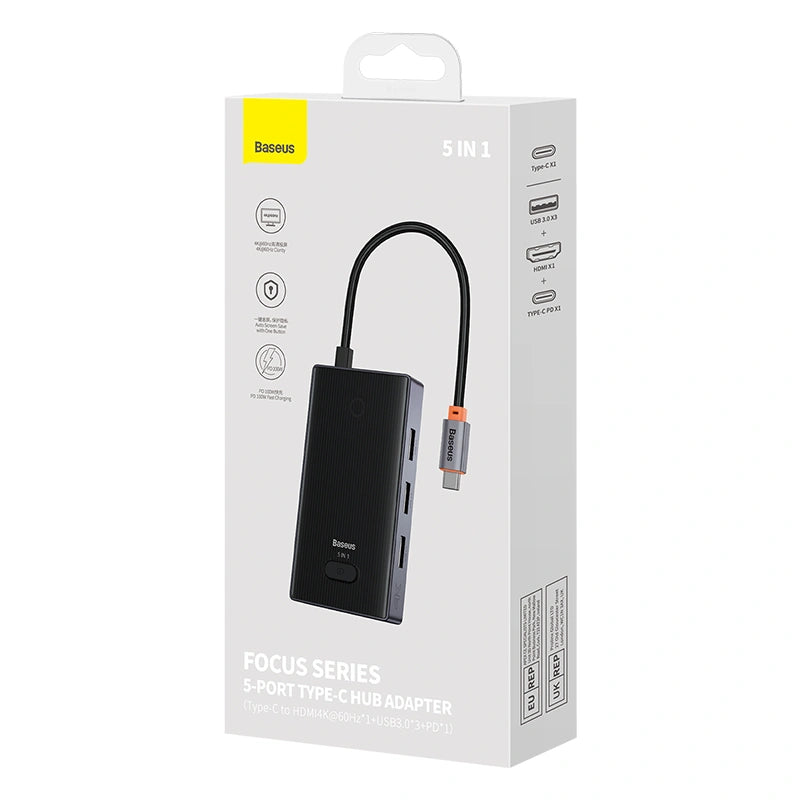 Baseus Focus Series 5-Port Type-C HUB Adapter（Type-C to HDMI4K@60Hz*1+USB3.0*3+PD*1）