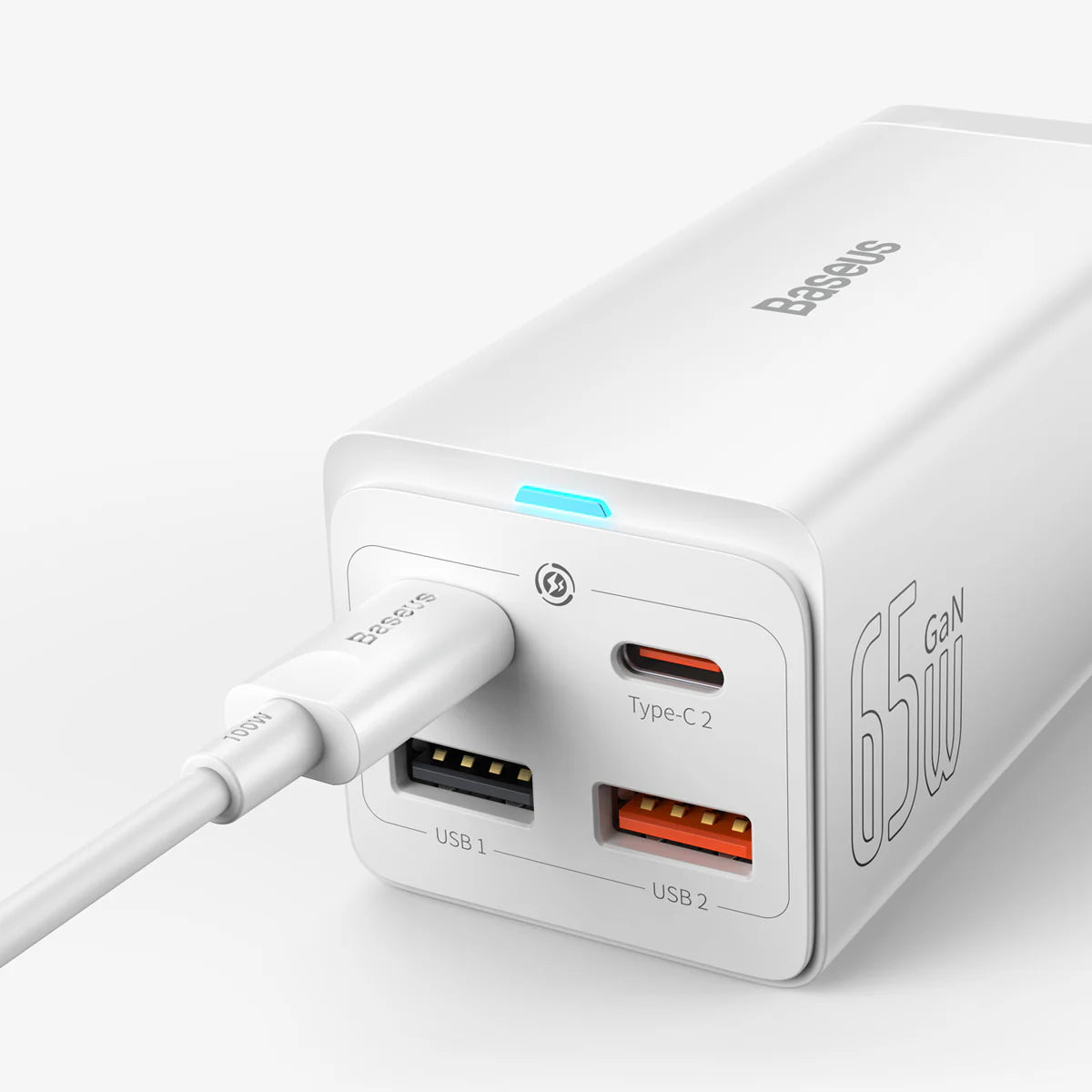 Baseus GaN3 Pro  Desktop Powerstrip AC+2 U+2C  65W CN White (With Mini White Cable Type-C to Type- C 100W(20V/5A) 1m White）