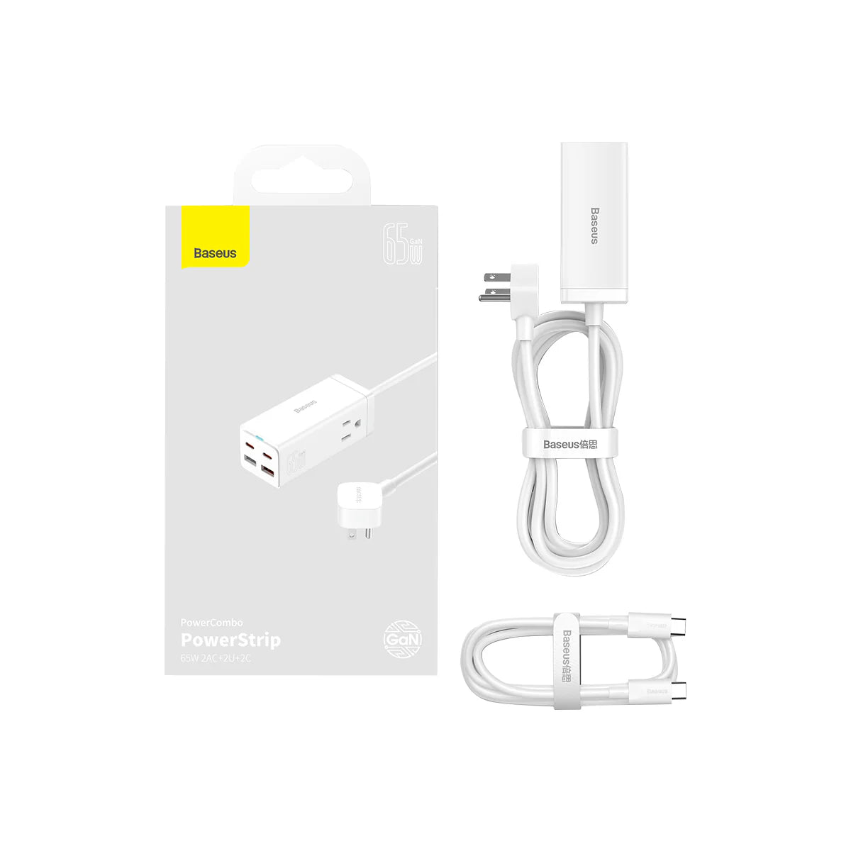 Baseus GaN3 Pro  Desktop Powerstrip AC+2 U+2C  65W CN White (With Mini White Cable Type-C to Type- C 100W(20V/5A) 1m White）