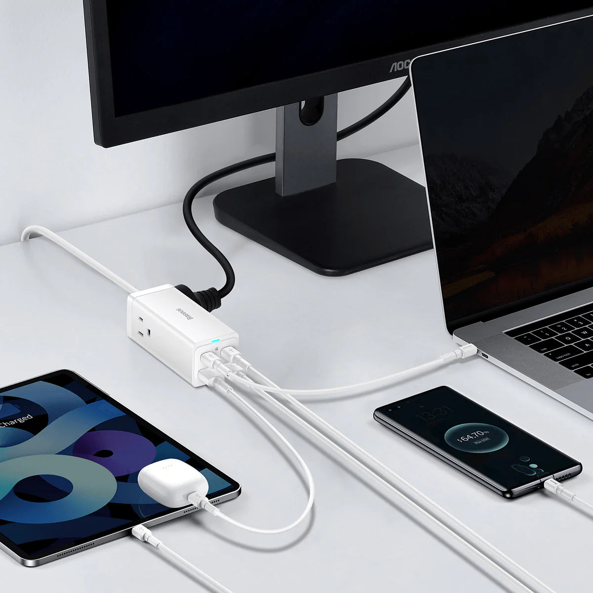 Baseus GaN3 Pro  Desktop Powerstrip AC+2 U+2C  65W CN White (With Mini White Cable Type-C to Type- C 100W(20V/5A) 1m White）