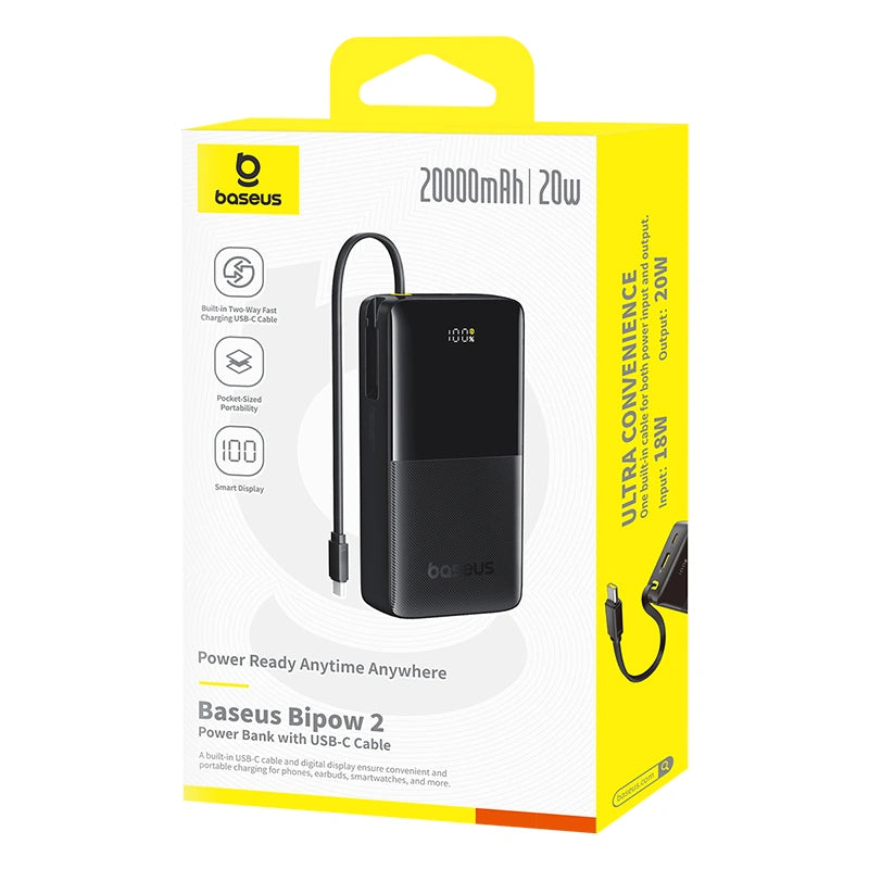 Baseus Bipow 2 Digital Display Power Bank 20000mAh 20W With Built-in Type C Cable