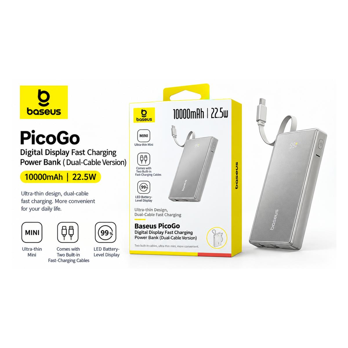 Baseus PicoGo Digital Display Power Bank with USB-C+iP Cables 10000mAh 22.5W