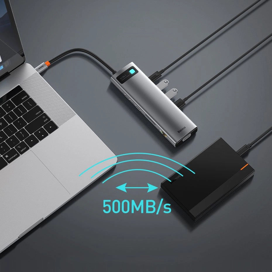 Baseus Metal Gleam Series 11-Port HUB（Type-C to HDMI4K@60Hz*1+VGA*1+USB3.0*3+USB2.0*1+PD*1+RJ45*1+SD/TF*1+3.5mm*1)