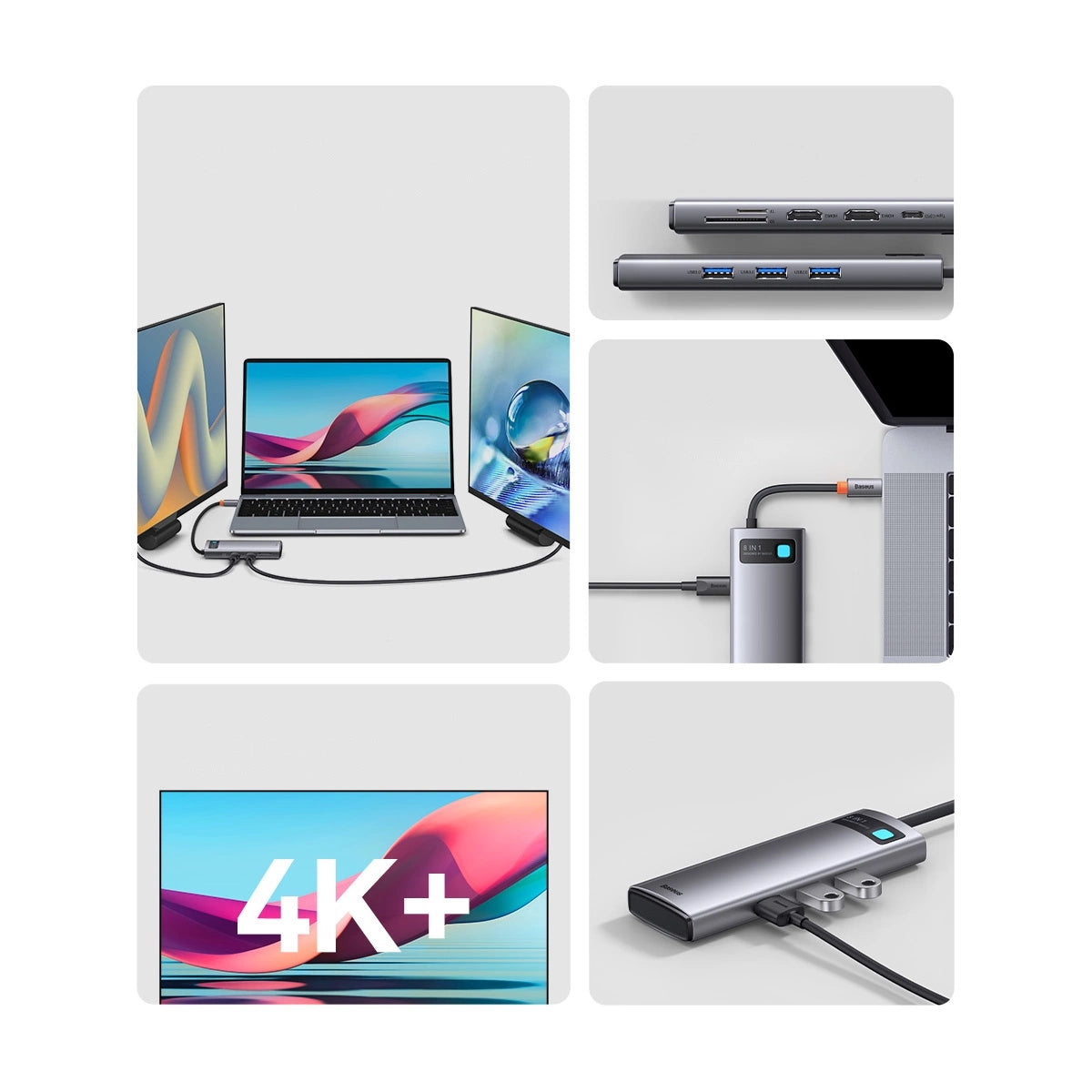 Baseus Metal Gleam Series 8-in-1 Multifunctional Type-C HUB Docking Station Space Gray Type-C to HDMI4K@60Hz*1+USB3.1*3+PD*1+RJ45*1+SD/TF*1)