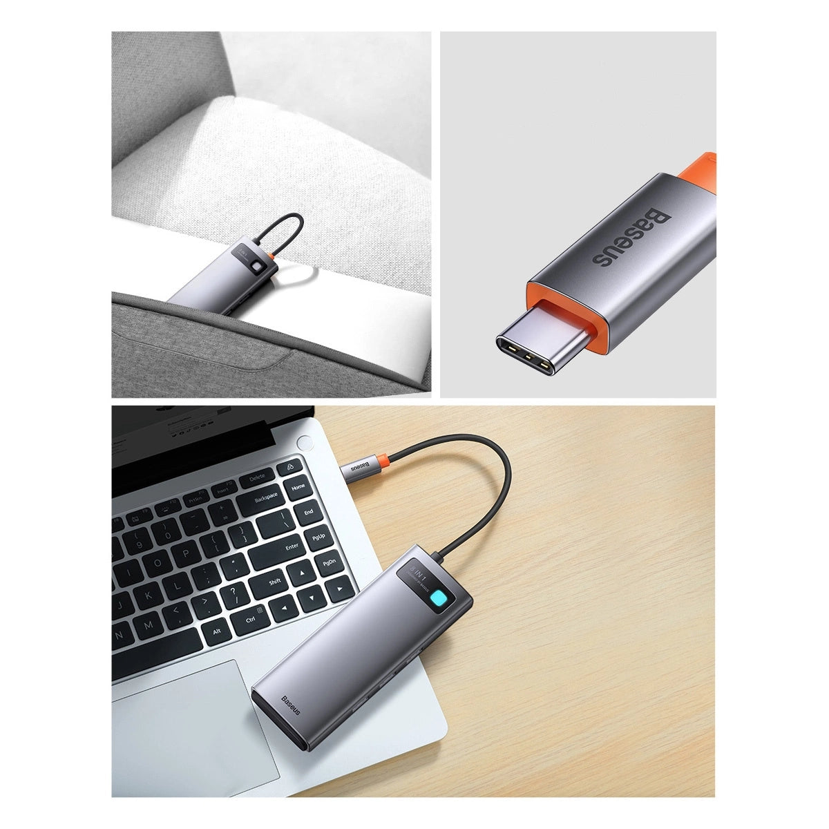 Baseus Metal Gleam Series 8-in-1 Multifunctional Type-C HUB Docking Station Space Gray Type-C to HDMI4K@60Hz*1+USB3.1*3+PD*1+RJ45*1+SD/TF*1)