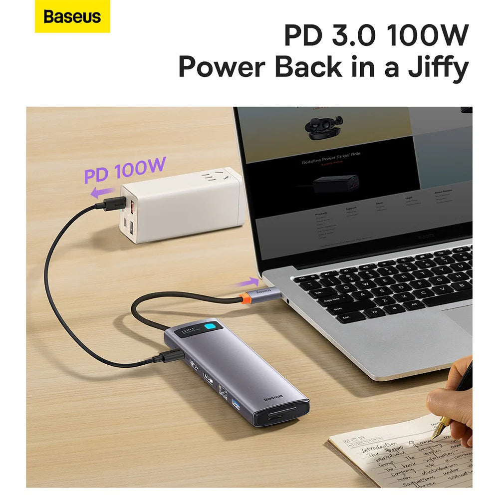 Baseus Metal Gleam Series 12-in-1 Multifunctional Type-C HUB Docking Station（Type-C to HDMI*1+USB3.1*2+USB3.0*2+Type- C3.1*1+PD*1+RJ45*1+SD/TF*1+DP*1+3.5mm*1)