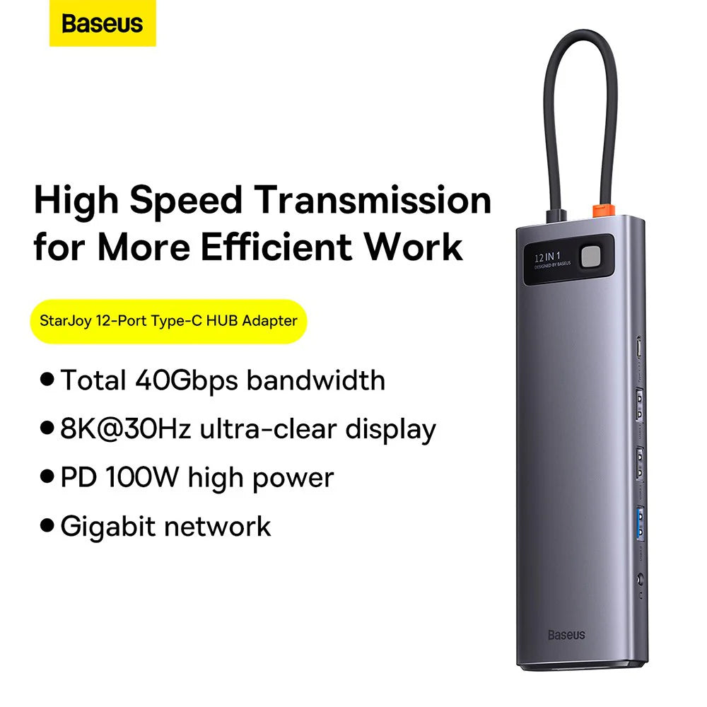 Baseus Metal Gleam Series 12-in-1 Multifunctional Type-C HUB Docking Station（Type-C to HDMI*1+USB3.1*2+USB3.0*2+Type- C3.1*1+PD*1+RJ45*1+SD/TF*1+DP*1+3.5mm*1)